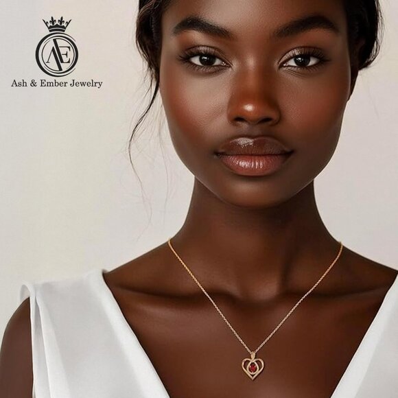 Yellow Gold Heart Pendant Necklace with Red Garnet and Crystals for Women - Picture 6 of 8